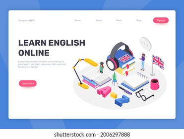 Isometric learning english language concept. People studying foreign languages online. Digital courses, online education vector landing page. Studying words, reading books, taking course