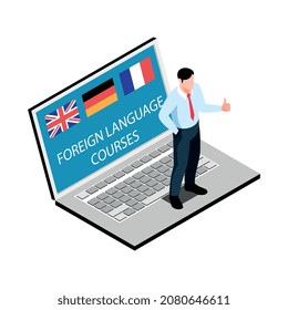 Isometric learning language training center composition with image of laptop with foreign tongue tutor character vector illustration