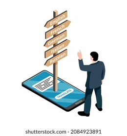 Isometric learning language training center composition with man and smartphone with languages on wooden signboards vector illustration