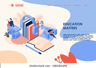 Isometric learning languages concept landing page for courses or school in 3d style. Online education banner template. 