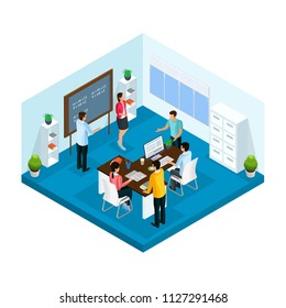 Isometric learning process in university template with students studying and brainstorming in classroom isolated vector illustration