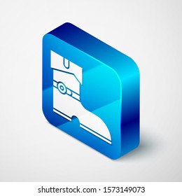 Isometric Leather pirate boots icon isolated on white background. Blue square button. Vector Illustration