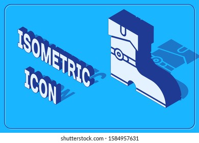 Isometric Leather pirate boots icon isolated on blue background.  Vector Illustration