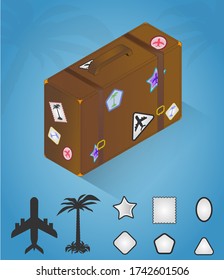 isometric leather traveler suitcase with stickers in the form of a palm tree silhouette and an airplane.