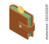 Isometric leather wallet with coin 3d icon vector illustration