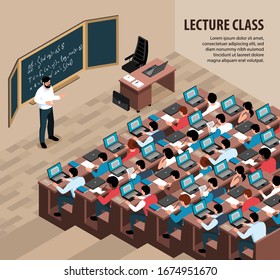 Isometric lecture class background with indoor scenery professor in front of blackboard and students with laptops vector illustration