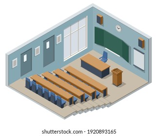 Isometric lecture hall, lecture audience. An empty large lecture room or University classroom with chairs isolated on white.