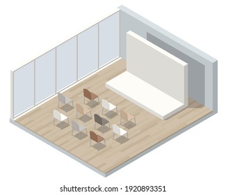 Isometric lecture hall, lecture audience. An empty large lecture room or University classroom with chairs isolated on white.