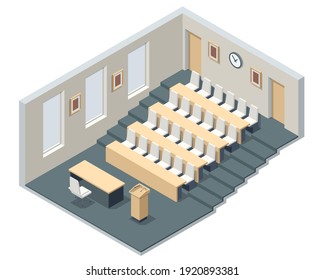 Isometric lecture hall, lecture audience. An empty large lecture room or University classroom with chairs isolated on white.