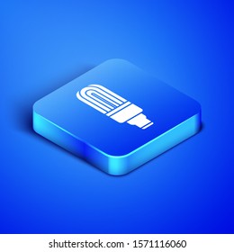 Isometric LED light bulb icon isolated on blue background. Economical LED illuminated lightbulb. Save energy lamp. Blue square button. Vector Illustration