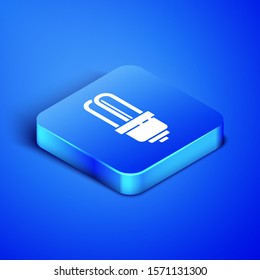 Isometric LED light bulb icon isolated on blue background. Economical LED illuminated lightbulb. Save energy lamp. Blue square button. Vector Illustration