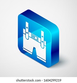 Isometric Lederhosen icon isolated on white background. Traditional bavarian clothing. Oktoberfest outfit. Pants with suspenders. Patrick day. Blue square button. Vector Illustration