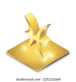 Isometric Left View Pisces Zodiac Symbol Glowing Gold Plate 2.5D Sculpture Icon Isolated on White Background for Horoscope, Astrology.