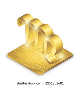 Isometric Left View Virgo Zodiac Symbol Glowing Gold Plate 2.5D Sculpture Icon Isolated on White Background for Horoscope, Astrology.