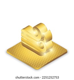 Isometric Left View Wind Blow Air Element Symbol Glowing Gold Plate 2.5D Sculpture Icon Isolated on White Background for Horoscope, Astrology.