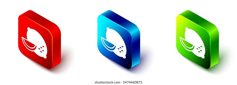 Isometric Lemon icon isolated on white background. Red, blue and green square button. Vector