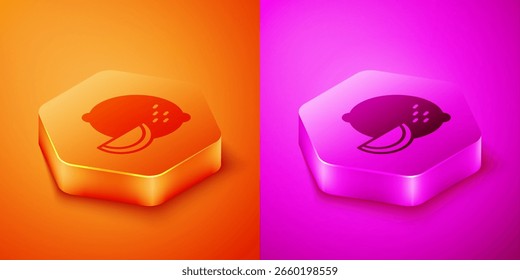 Isometric Lemon icon isolated on orange and pink background. Hexagon button. Vector