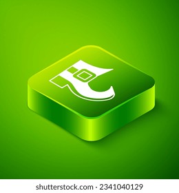 Isometric Leprechaun boot icon isolated on green background. Happy Saint Patricks day. National Irish holiday. Green square button. Vector