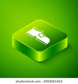 Isometric Leprechaun boot icon isolated on green background. Happy Saint Patricks day. National Irish holiday. Green square button. Vector