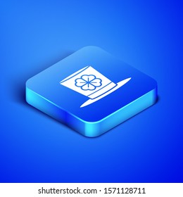 Isometric Leprechaun hat and four leaf clover icon isolated on blue background. Happy Saint Patricks day. Blue square button. Vector Illustration