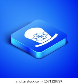 Isometric Leprechaun hat and four leaf clover icon isolated on blue background. Happy Saint Patricks day. Blue square button. Vector Illustration