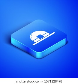 Isometric Leprechaun hat icon isolated on blue background. Happy Saint Patricks day. Blue square button. Vector Illustration