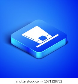 Isometric Leprechaun hat icon isolated on blue background. Happy Saint Patricks day. Blue square button. Vector Illustration