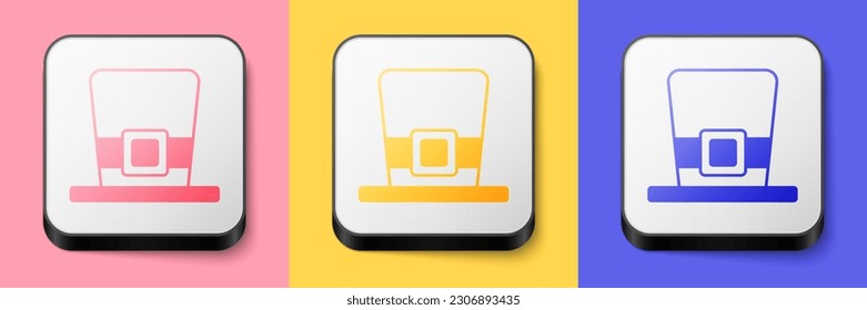 Isometric Leprechaun hat icon isolated on pink, yellow and blue background. Happy Saint Patricks day. National Irish holiday. Square button. Vector