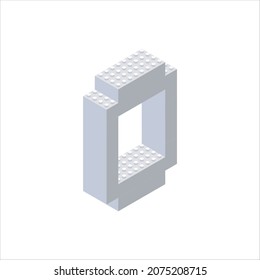 Isometric letter 0 in gray on a white background collected from plastic blocks. Vector illustration.