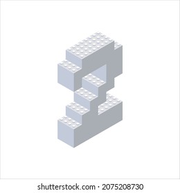 Isometric letter 2 in gray on a white background collected from plastic blocks. Vector illustration.