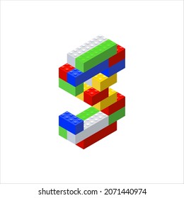 Isometric letter 3 assembled from plastic blocks. Vector illustration.