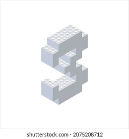 Isometric letter 3 in gray on a white background collected from plastic blocks. Vector illustration.