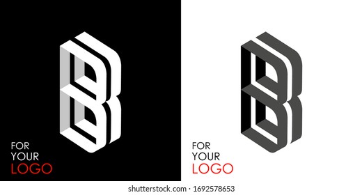 Isometric letter B. From stripes, lines. Template for creating logos, emblems, monograms. Black and white options. 3D art symbol. Vector illustration