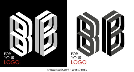 Isometric letter B in two perspectives. From stripes, lines. Template for creating logos, emblems, monograms. Black and white options. 3D art symbol. Vector illustration. Other letters in my portfolio