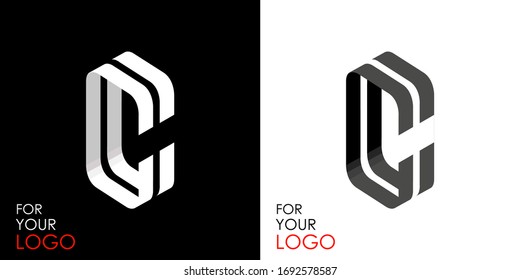 Isometric letter C. From stripes, lines. Template for creating logos, emblems, monograms. Black and white options. 3D art symbol. Vector illustration