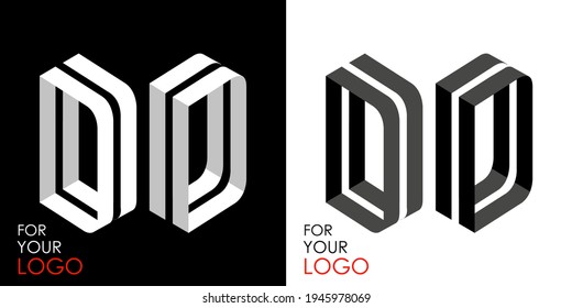 Isometric letter D in two perspectives. From stripes, lines. Template for creating logos, emblems, monograms. Black and white options. 3D art symbol. Vector illustration. Other letters in my portfolio