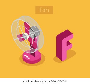 Isometric letter F English alphabet, word fan
