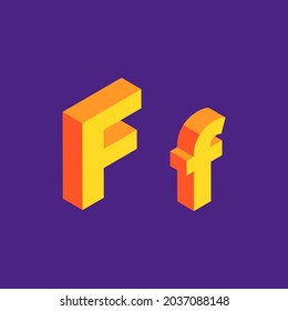Isometric Letter F. Orange letter with violet background.