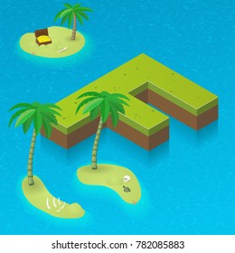 Isometric letter F, surrounded by tropical islands with pirates attributes. Vector illustration with F, part of isometric 3D font. Sea, beach, palms and pirates stuff: skull, treasure and rum bottle
