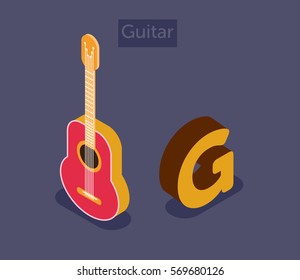 Isometric letter G English alphabet. word guitar