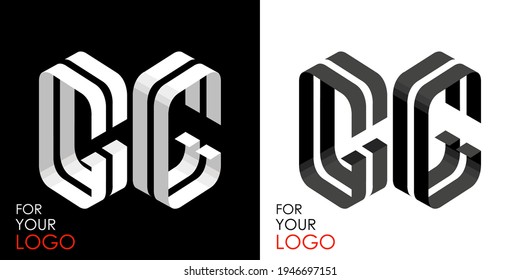 Isometrischer Buchstabe G in zwei Perspektiven. Aus Streifen, Linien. Vorlage zum Erstellen von Logos, Emblemen, Monogrammen. Schwarz-Weiß-Optionen. 3D-Kunstsymbol. Vektorgrafik. Andere Briefe in meinem Portfolio