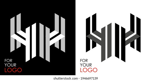 Isometric letter H in two perspectives. From stripes, lines. Template for creating logos, emblems, monograms. Black and white options. 3D art symbol. Vector illustration. Other letters in my portfolio