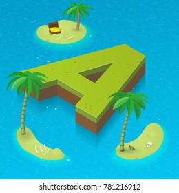 Isometric letter A as an island in the Caribbean Sea. Vector illustration with 3D  letter A. Sea, beach, palms and pirates's island attributes.