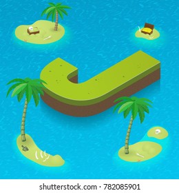 Isometric letter j as an island in the Caribbean Sea. Vector illustration with 3D letter j as part of isometric 3D font. Sea, beach, palms and pirates's island attributes.
