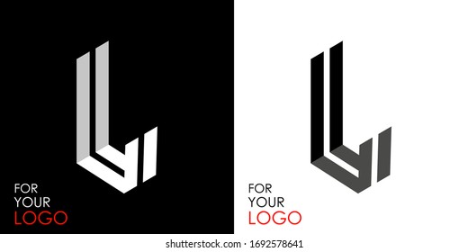 Isometric letter L. From stripes, lines. Template for creating logos, emblems, monograms. Black and white options. 3D art symbol. Vector illustration