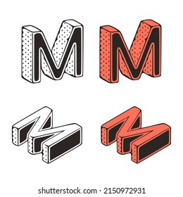 Isometric letter m doodle vector illustration on white background. Stylized letters clip art.