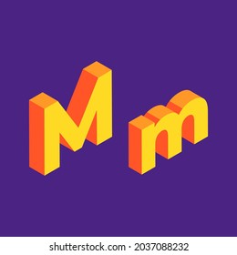 Isometric Letter M. Orange letter with violet background.