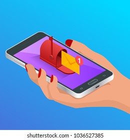 Isometric Letter and mailbox flying out of phone screen concept. Vector illustration. Mail Communication or Connection message to mailing contacts phone. Global Letters Concept