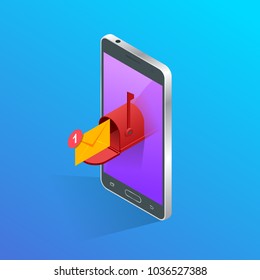 Isometric Letter and mailbox flying out of phone screen concept. Vector illustration. Mail Communication or Connection message to mailing contacts phone. Global Letters Concept