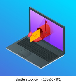 Isometric Letter and mailbox flying out of laptop screen concept. Vector illustration. Mail Communication or Connection message to mailing contacts phone. Global Letters Concept